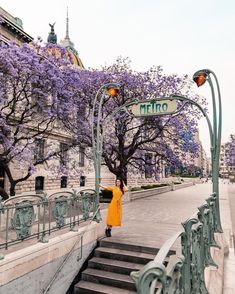 a woman in yellow is walking down the stairs near some trees with purple flowers on them