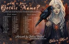 an image of a woman holding a black bird in her hand with the words gothic name written on it