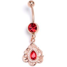 Product DetailsRed Gem Gold Tone Fire Flame Dangle Belly Ring Look like fire when you are rocking this 14 gauge navel ring. It is made with a 3/8 inch gold tone PVD over 316L surgical grade stainless steel curved barbell with a 5mm top ball end. The bottom ball end is 8mm and set with a red gem. Dangling beneath it is a drop charm, resembling a flame and embellished a large red gem center, which is surround by small clear gems. You will be looking totally lit when you are rocking this firey belly piercing jewelry.Specifications14 Gauge (1.6mm), 3/8" (10mm), Gold Tone PVD over 316L Surgical Grade Stainless Steel Curved Barbell Belly Piercing Jewelry, Navel Jewelry, Dangle Belly Rings, Fire Flame, Navel Ring, Belly Piercing, Belly Button Piercing, Navel Rings, Belly Chain