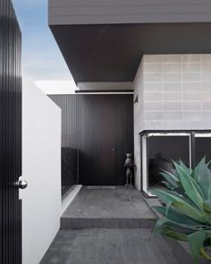 an entrance to a modern house with black and white sidings on the outside wall