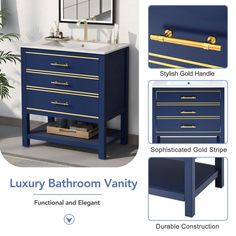 the bathroom vanity is blue and has gold trimmings on it, along with other accessories