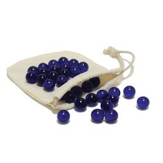 blue beads are in a pouch on a white background