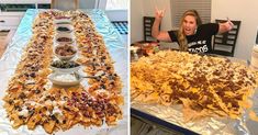 a woman sitting at a table with food on top of it and another photo of the table covered in nachos