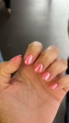 pink chrome gel nails, koren style manicure Short Nails Pink Chrome, Nail Chrome Pink, Pink Chrome Short Nails, Short Pink Chrome Nails, Pink Chrome Gel Nails, Coral Chrome Nails, Chrome Gel Nails, Pink Shellac, Really Short Nails