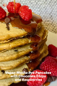 Vegan Mocha Rye Pancakes with Chocolate Chips and Raspberries Raspberry Recipes Vegan, Rye Pancakes, Recipe With Chocolate Chips, Vegan Pancake Recipes, Best Macaroni Salad, Vegan Brunch, Raspberry Recipes, Chocolate Chip Pancakes, Vegan Pancakes