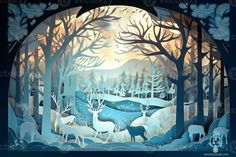 a paper art scene with deer in the woods