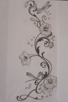 a tattoo design with flowers and butterflies on the side of a sheet of white paper