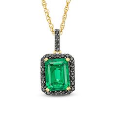 Curate your collection of classic accessories with this unforgettable fashion necklace. Crafted in warm 10K gold, this refined design showcases an 8.0 x 6.0mm emerald-cut lab-created verdant-green emerald wrapped in a frame of alluring enhanced black diamonds. Additional enhanced black diamonds glisten along the linear bail. Radiant with 1/8 ct. t.w. of diamonds and a brilliant buffed luster, this pendant suspends along an 18.0-inch rope chain that secures with a spring-ring clasp. Classic Diamond Cut Emerald Necklace For Formal Occasions, Classic Diamond-cut Emerald Necklace For Formal Occasions, Classic Emerald Necklace With Diamond Cut For Formal Occasions, Elegant Emerald Cut Emerald Necklace For Formal Occasions, Classic Emerald Diamond Cut Pendant Necklace, Classic Diamond Cut Emerald Pendant Necklace, Classic Emerald Pendant Necklace With Diamond Cut, Elegant Diamond Cut Emerald Necklace For May Birthstone, Elegant Birthstone Baguette-cut Jewelry