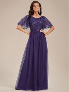 Elegant Women's Dress With Leaf Shaped Decorative Sequins Formal Evening Wedding Guest Gown, For Graduation, Dinner Purple Elegant  Short Sleeve Mesh Fabric Colorblock,Plain,Plants,All Over Print A Line Non-Stretch  Weddings & Events, size features are:Bust: ,Length: ,Sleeve Length: Maxi Wedding Guest Dress, Cap Sleeve Prom Dress, Wedding Guest Gowns, Sleeve Embroidery, Evening Dress Floor Length, Wedding Guest Dresses, Elegant Dresses For Women, Women Formals, Evening Wedding