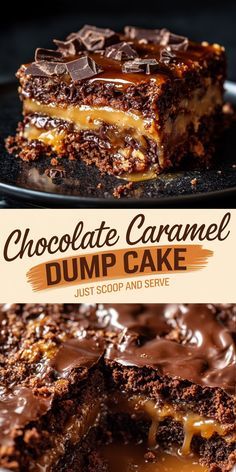 chocolate caramel dump cake on a black plate