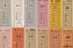 an old movie ticket with numbers and times on it's sides, all in different colors