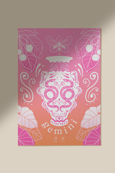 a pink and orange poster with an image of a skull in the center, surrounded by leaves