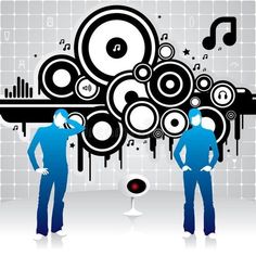 two people standing in front of a wall with speakers and music notes on it royalty illustration