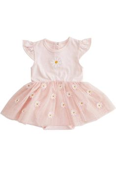 Dress your little one in this delightful pink daisy tutu dress featuring embroidered detail and a soft, twirl-worthy tutu skirt. Your baby will blossom with style and comfort in this adorable outfit. • Features embroidered daisies on layered tulle skirt • Easy-care soft cotton spandex blend fabric with ruffle sleeves • Convenient snap closures for easy diaper changes • Perfect dress for a daisy themed birthday party or smash cake photoshoot • Material: 95% Cotton, 5% Spandex, Tulle • Size: 6-12