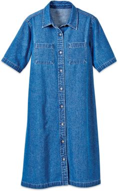 Made of soft, prewashed cotton, this denim dress is as comfortable as a pair of jeans, yet it's a step above so you feel more dressed up. The easy-wearing style takes you from a walk around the park to a casual night out. Finished with 2 chest pockets.  Soft, prewashed denimFull button frontTwo chest pocketsApprox. 37" long100% cotton Machine wash and dryImportedExclusive to The Vermont Country Store Denim Dress Winter, Short Sleeve Denim Dress, Diy Dresses, Casual Denim Dress, Vermont Country Store, Wardrobe Planning, Dress With Short Sleeves, Casual Night Out, Cotton Dress Summer