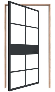 an open door on a white background with wood trimmings and black glass panels