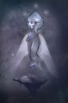 an illustration of a woman with white hair and wings standing on a rock in the sky