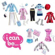 an assortment of doll clothes and accessories are displayed on a white background with the words i can be written below it