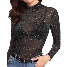 Nwot. Layer This Top With A Bralette For A Night Out! - High Neck - Mesh With Glitter And Stars Glitter Mesh Top, Haut Transparent, Glitter Blouse, Mesh Turtleneck, Slim Blouse, Sheer Mesh Top, Mesh Long Sleeve Top, Mesh Tops, Sheer Shirt