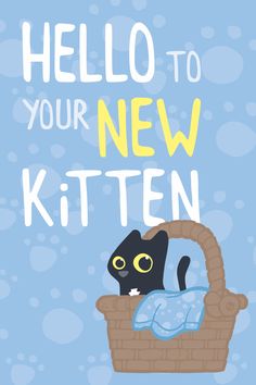 a black cat sitting in a basket with the words hello to your new kitten