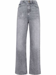 Grey cotton-denim loose-fit jeans from PHILIPP PLEIN featuring faded effect, mid-rise, straight leg, belt loops, concealed front fastening and classic five pockets. | Philipp Plein Loose-Fit Jeans Faded Straight Leg Jeans With Frayed Hem, Spring Faded Flare Jeans With Five Pockets, Distressed Rigid Denim Bottoms With Straight Hem, Distressed Straight Hem Rigid Denim Bottoms, Faded Washed Cropped Flare Jeans, Straight Leg Pants With Frayed Hem, Spring Washed Jeans With Straight Hem, Spring Washed Straight Hem Jeans, Distressed Denim Blue Bottoms With Straight Hem