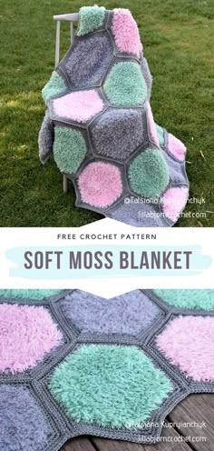 a crocheted blanket that looks like hexagons on the grass with text overlay saying, free crochet pattern soft moss blanket