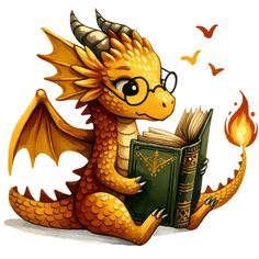 a dragon with glasses is reading a book