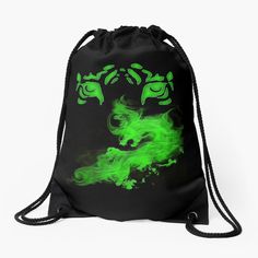 a black drawsack bag with green fire on it