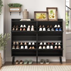 there are many pairs of shoes on the shelf