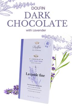 an advertisement for dolfin's dark chocolate with lavender on the front and side