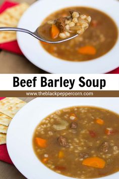 two pictures of beef barley soup with crackers on the side