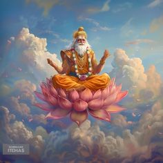 a painting of a man sitting on top of a lotus in the sky with clouds behind him