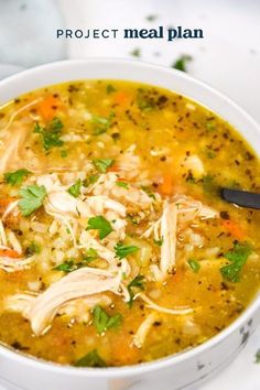 a bowl of instant pot ginger chicken and rice soup with the title in the middle