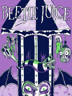 a purple poster with an image of a clown in a carnival tent and the words beetle juice on it