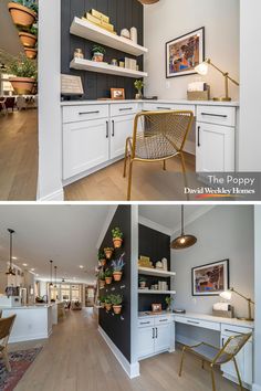 two pictures of the same kitchen and dining room in different rooms, one with open shelving