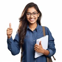 a woman with glasses is holding a folder and giving the thumbs up sign while standing against a white background