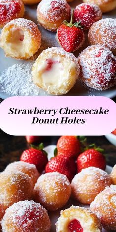 strawberry cheesecake donut holes on a plate with powdered sugar and strawberries