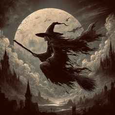 a painting of a witch flying in front of a full moon