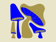 three blue mushrooms on a beige background, one is taller than the other and has two smaller ones