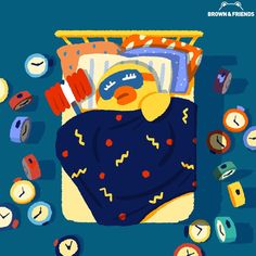 an illustration of a ducky sleeping in his bed with many clocks around him on the floor