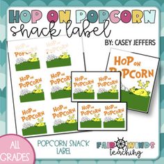 the hop on popcorn snack label is shown in three different colors and sizes, including one for