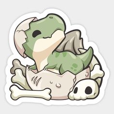 a sticker with an image of a dinosaur laying on top of a skull and bones