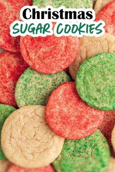 Christmas Sugar Cookies with an easy sugar cookie dough and no chill time. The simple cookies are coated in a sparkling sugar coating with red, green, or white colors that make them look perfectly festive. Red And Green Sugar Cookies Christmas, Sugar Crinkle Cookies, Easy Xmas Sugar Cookies, Drop Sugar Cookies With Sprinkles, No Chill Christmas Cookies, Drop Sugar Cookies Easy, Sanding Sugar Cookies, Sugar Cookie Recipe With Sprinkles, No Roll Sugar Cookies