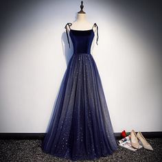 Elegant blue velvet tulle long prom dress, evening dress Dark Blue Dress Formal Long, Dark Blue Fancy Dress, Navy Blue Dress Aesthetic, Midnight Prom Dress, Navy Blue Formal Dress Long, Midnight Blue Prom Dress, Dark Blue Dresses, Blue Navy Dress, Midnight Dress