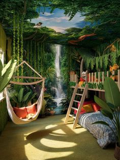 a bedroom with a waterfall in the background and two hammocks hanging from the ceiling