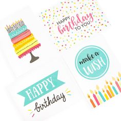 four birthday cards with the words happy birthday written in different colors and designs on them