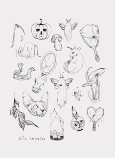 an image of various halloween items drawn by hand in pencil and ink on white paper