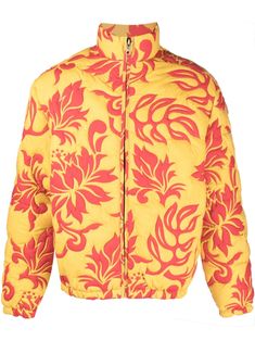 sun yellow/flame orange cotton quilted finish all-over floral print front zip fastening long sleeves two side inset pockets Floral Print Jacket, Yellow Quilts, Sun Yellow, City Shorts, Quilted Puffer Jacket, How To Finish A Quilt, Summer Beach Wear, Winter Coats, Print Jacket