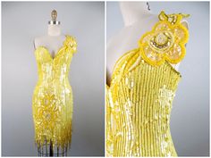 "This is a cute little vintage dress beautifully embellished with bright yellow sequins and beads! It's in excellent condition!  Bust - 34\" Waist - 28\" Hips - 36\" Length - 31\"  This dress comes from a pet-free and smoke-free home. If you would like more info or have any questions, please don't hesitate to ask!" Fitted Beaded Sequin Dress For Spring, Vintage Fitted Sequin Dress For Summer, Vintage Fitted Sleeveless Sequin Dress, Fitted Sleeveless Vintage Sequin Dress, Yellow Sequined Cocktail Dress, Fitted Yellow Embellished Dress, Yellow Embellished Fitted Dress, Yellow Sequined Dress For Spring, Beaded Bustier