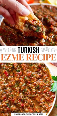 a person dipping some food into a bowl with the words turkish mezeme recipe on it